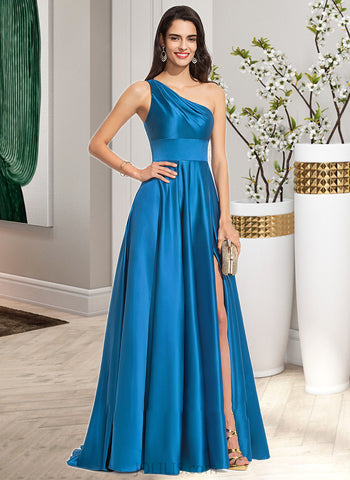 Elaine A-Line One-Shoulder Sweep Train Satin Prom Dresses With Split Front UKP0014140