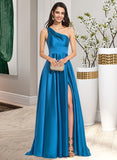 Elaine A-Line One-Shoulder Sweep Train Satin Prom Dresses With Split Front UKP0014140