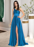 Elaine A-Line One-Shoulder Sweep Train Satin Prom Dresses With Split Front UKP0014140