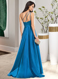 Elaine A-Line One-Shoulder Sweep Train Satin Prom Dresses With Split Front UKP0014140