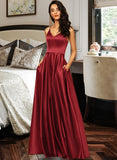 Malia A-Line V-neck Floor-Length Satin Prom Dresses With Pockets UKP0014141