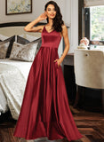 Malia A-Line V-neck Floor-Length Satin Prom Dresses With Pockets UKP0014141