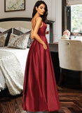 Malia A-Line V-neck Floor-Length Satin Prom Dresses With Pockets UKP0014141