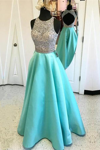 Long A-line Teal Beading Open Back Satin Modest Floor-Length Prom Dresses JS154