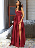 Toni A-Line V-neck Floor-Length Satin Prom Dresses With Split Front Pockets UKP0014142