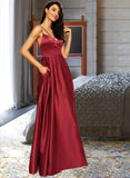 Toni A-Line V-neck Floor-Length Satin Prom Dresses With Split Front Pockets UKP0014142