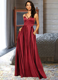 Toni A-Line V-neck Floor-Length Satin Prom Dresses With Split Front Pockets UKP0014142