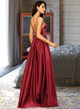 Toni A-Line V-neck Floor-Length Satin Prom Dresses With Split Front Pockets UKP0014142