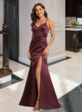 Tiana Trumpet/Mermaid V-Neck Sweep Train Satin Prom Dresses With Beading Sequins UKP0014143