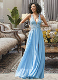 Rhianna A-Line V-neck Floor-Length Chiffon Prom Dresses With Lace UKP0014144