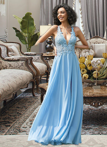 Rhianna A-Line V-neck Floor-Length Chiffon Prom Dresses With Lace UKP0014144