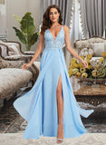 Rhianna A-Line V-neck Floor-Length Chiffon Prom Dresses With Lace UKP0014144