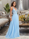 Rhianna A-Line V-neck Floor-Length Chiffon Prom Dresses With Lace UKP0014144