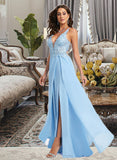 Rhianna A-Line V-neck Floor-Length Chiffon Prom Dresses With Lace UKP0014144