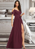 Kailee A-Line V-neck Floor-Length Prom Dresses With Ruffle Split Front UKP0014145