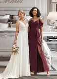 Kailee A-Line V-neck Floor-Length Prom Dresses With Ruffle Split Front UKP0014145