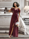 Kailee A-Line V-neck Floor-Length Prom Dresses With Ruffle Split Front UKP0014145