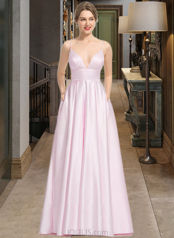 Gretchen A-Line V-neck Floor-Length Satin Prom Dresses With Pockets UKP0014146