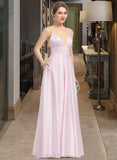 Gretchen A-Line V-neck Floor-Length Satin Prom Dresses With Pockets UKP0014146