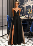 Mimi Ball-Gown/Princess V-neck Floor-Length Tulle Prom Dresses With Lace Sequins UKP0014150