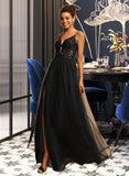 Mimi Ball-Gown/Princess V-neck Floor-Length Tulle Prom Dresses With Lace Sequins UKP0014150