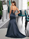 Lea Trumpet/Mermaid V-neck Sweep Train Satin Prom Dresses With Lace Sequins UKP0014151