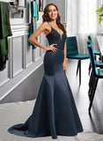 Lea Trumpet/Mermaid V-neck Sweep Train Satin Prom Dresses With Lace Sequins UKP0014151