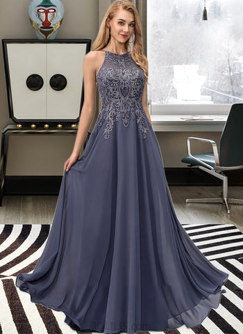 Alissa A-Line Scoop Neck Floor-Length Chiffon Prom Dresses With Lace Sequins UKP0014152