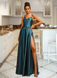 America A-Line Cowl Neck Floor-Length Satin Prom Dresses UKP0014153