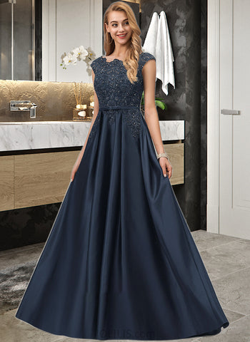 Karli Ball-Gown/Princess Scoop Neck Floor-Length Satin Prom Dresses With Lace Beading Sequins Bow(s) Pockets UKP0014157