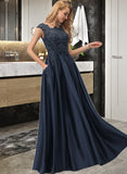 Karli Ball-Gown/Princess Scoop Neck Floor-Length Satin Prom Dresses With Lace Beading Sequins Bow(s) Pockets UKP0014157