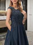 Karli Ball-Gown/Princess Scoop Neck Floor-Length Satin Prom Dresses With Lace Beading Sequins Bow(s) Pockets UKP0014157