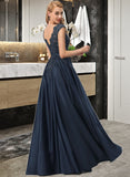 Karli Ball-Gown/Princess Scoop Neck Floor-Length Satin Prom Dresses With Lace Beading Sequins Bow(s) Pockets UKP0014157