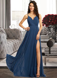 Minnie A-Line V-neck Floor-Length Prom Dresses With Split Front UKP0014159