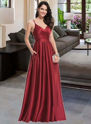 Aileen A-Line V-neck Floor-Length Satin Prom Dresses With Ruffle Pockets UKP0014161