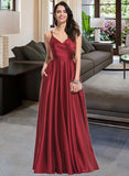 Aileen A-Line V-neck Floor-Length Satin Prom Dresses With Ruffle Pockets UKP0014161