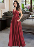 Aileen A-Line V-neck Floor-Length Satin Prom Dresses With Ruffle Pockets UKP0014161