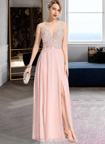 Lola A-Line V-neck Floor-Length Chiffon Prom Dresses With Beading Sequins Split Front UKP0014162