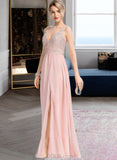 Lola A-Line V-neck Floor-Length Chiffon Prom Dresses With Beading Sequins Split Front UKP0014162