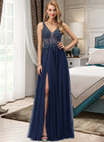 Mya A-Line V-neck Floor-Length Tulle Prom Dresses With Beading Sequins Split Front UKP0014163