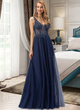 Mya A-Line V-neck Floor-Length Tulle Prom Dresses With Beading Sequins Split Front UKP0014163