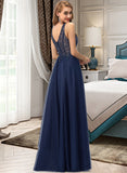 Mya A-Line V-neck Floor-Length Tulle Prom Dresses With Beading Sequins Split Front UKP0014163