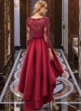 Elena Ball-Gown/Princess V-neck Asymmetrical Satin Prom Dresses With Lace Beading Sequins UKP0014164