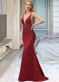 Siena Trumpet/Mermaid V-neck Sweep Train Satin Prom Dresses With Lace Beading Sequins UKP0014165