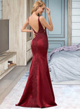 Siena Trumpet/Mermaid V-neck Sweep Train Satin Prom Dresses With Lace Beading Sequins UKP0014165