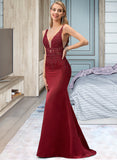 Siena Trumpet/Mermaid V-neck Sweep Train Satin Prom Dresses With Lace Beading Sequins UKP0014165