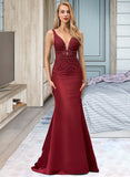 Siena Trumpet/Mermaid V-neck Sweep Train Satin Prom Dresses With Lace Beading Sequins UKP0014165