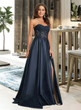 Josephine A-Line Sweetheart Sweep Train Satin Prom Dresses With Lace UKP0014166