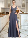 Willa A-Line V-neck Floor-Length Chiffon Prom Dresses With Beading Sequins Split Front UKP0014168