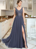 Willa A-Line V-neck Floor-Length Chiffon Prom Dresses With Beading Sequins Split Front UKP0014168